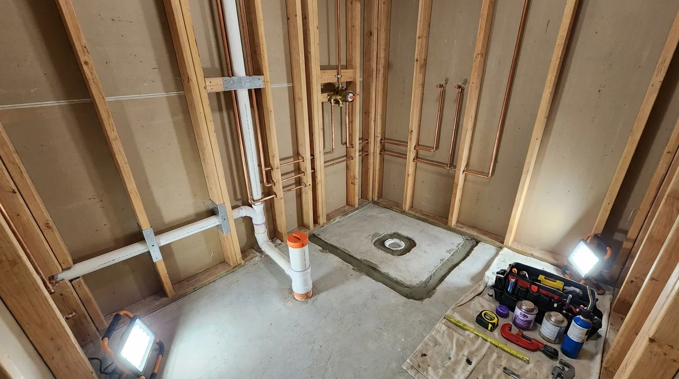 Bathroom rough-in plumbing during remodel by Johns Plumbing LLC in Conroe