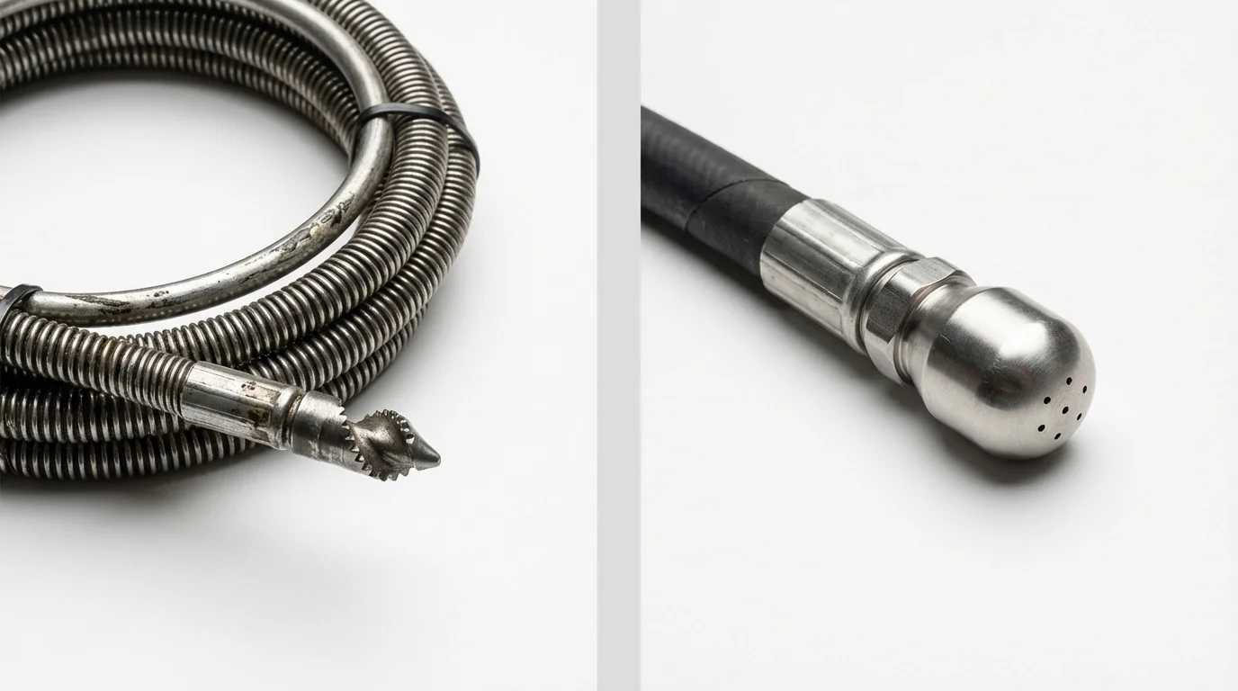 Drain snake cable and hydro jetting nozzle used for drain cleaning in Conroe, TX