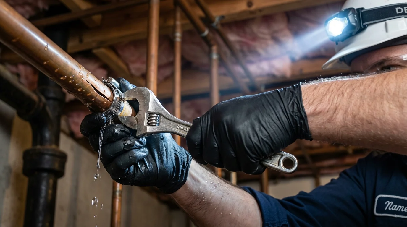 Emergency pipe clamp repair being performed by a Johns Plumbing LLC plumber in Conroe