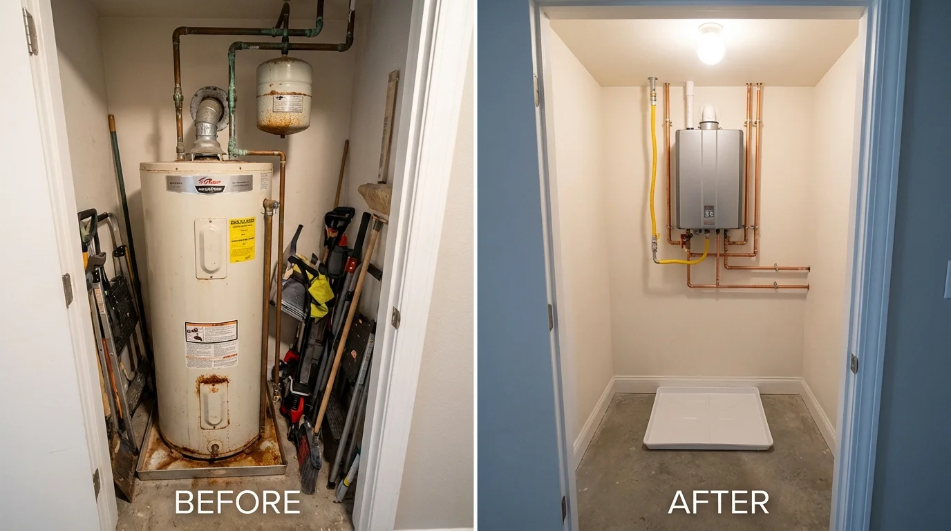 Tank water heater versus wall-mounted tankless unit comparison for Conroe, TX homeowners