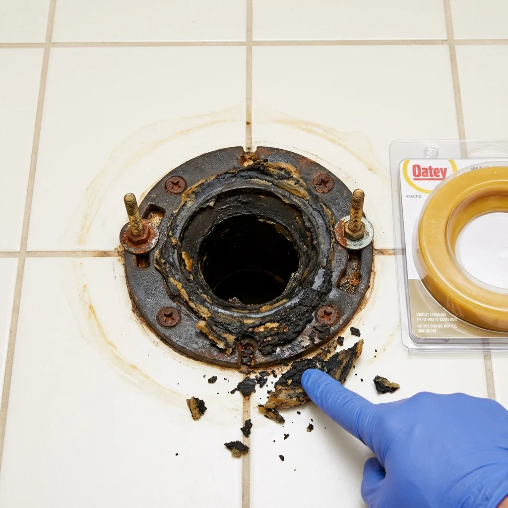 Failed wax ring showing water seepage at the base of a toilet in a Conroe, TX home