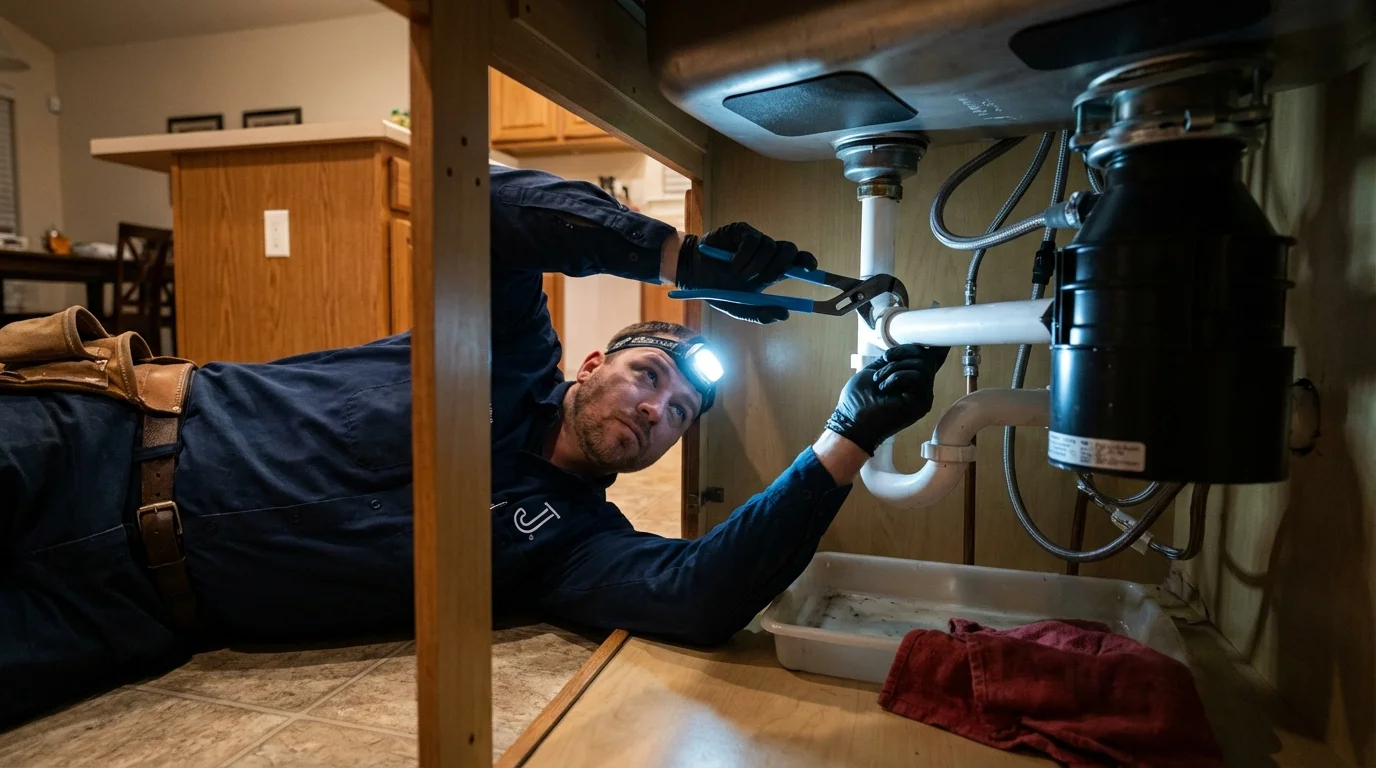 P-trap and supply line connections under a kitchen sink showing a common leak point in Conroe, TX